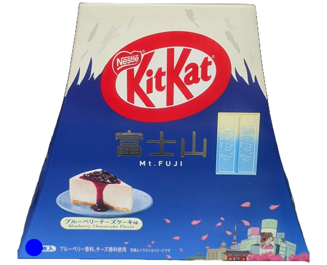 Japanese blueberry cheesecake Kit Kats with Nestle logo and in the shape of Mt. Fuji.
