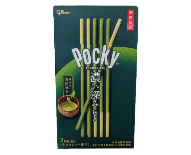 Pack of Japanese Pocky matcha chocolate sticks with green packaging