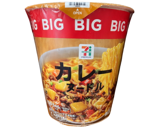Cup of curry noodles with 7-Eleven logo on a white background