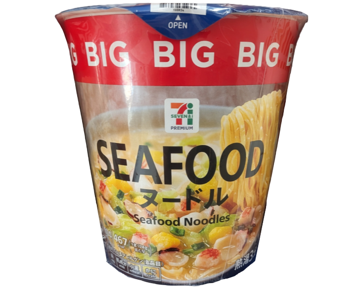 Cup of Seven-Eleven seafood noodles with visible branding and product details.