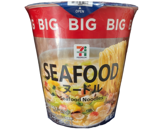 Cup of Seven-Eleven seafood noodles with visible branding and product details.