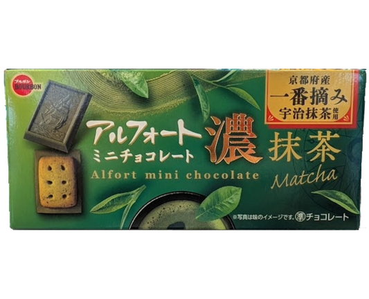 Box of Alfort mini chocolate matcha cookies with green packaging and Japanese text.