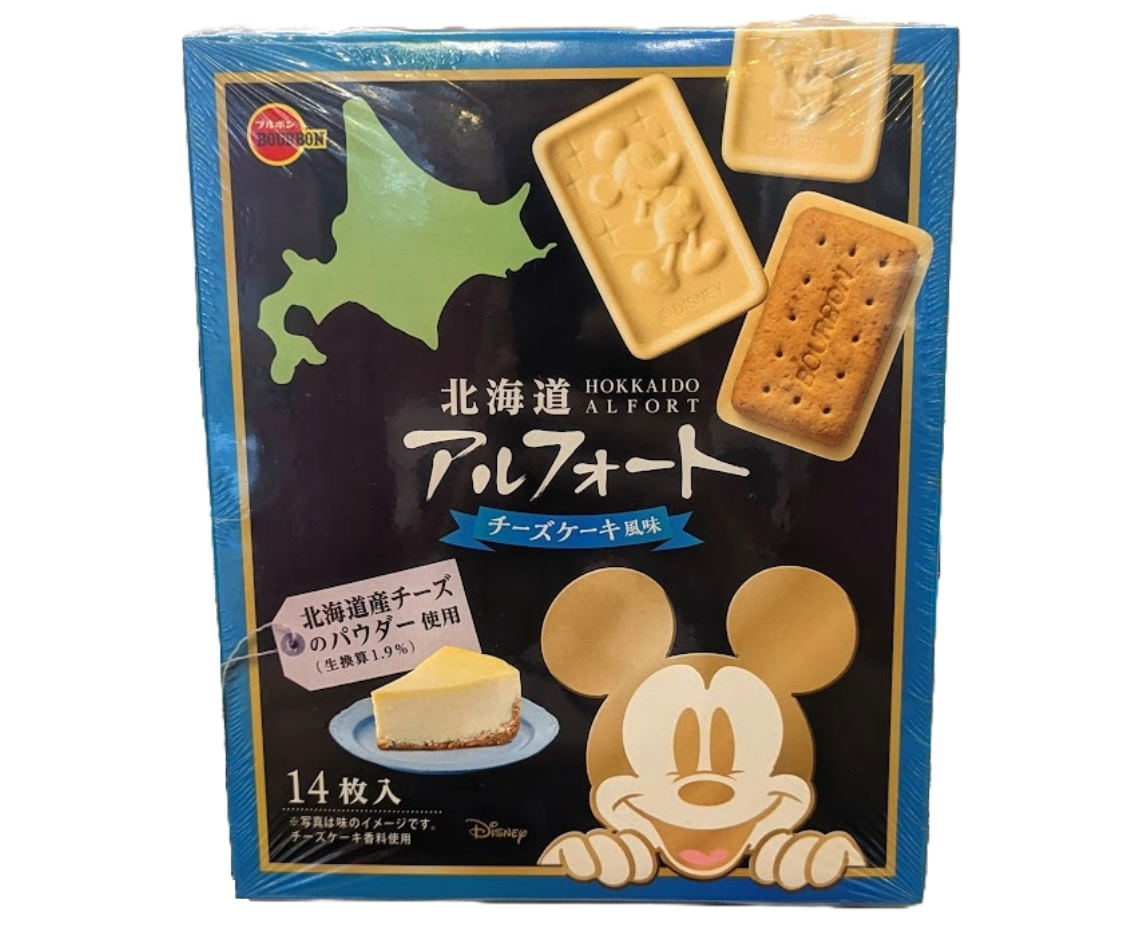 Packaging of Hokkaido cheesecake Alfort cookies with Mickey Mouse on a white background