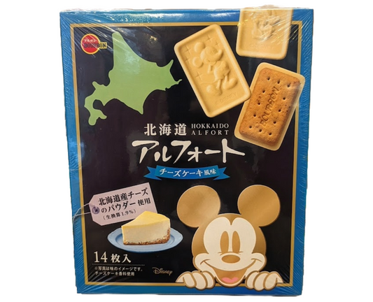 Packaging of Hokkaido cheesecake Alfort cookies with Mickey Mouse on a white background