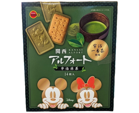 Box of Japanese Kansai Alfоrt matcha cookies with Mickey and Minnie Mouse on the front