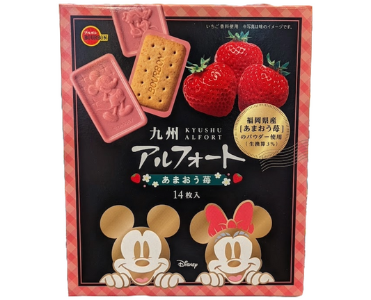 Box of Kyushu amao strawberry Alfоrt cookies with Mickey and Minnie Mouse on the front