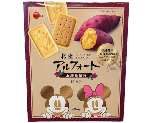 Japanese Alfort cookie box with sweet potato flavor and Mickey and Minnie Mouse on the cover