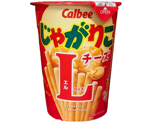 Calbee snack cup with Japanese text and cheese flavor indication on a white background