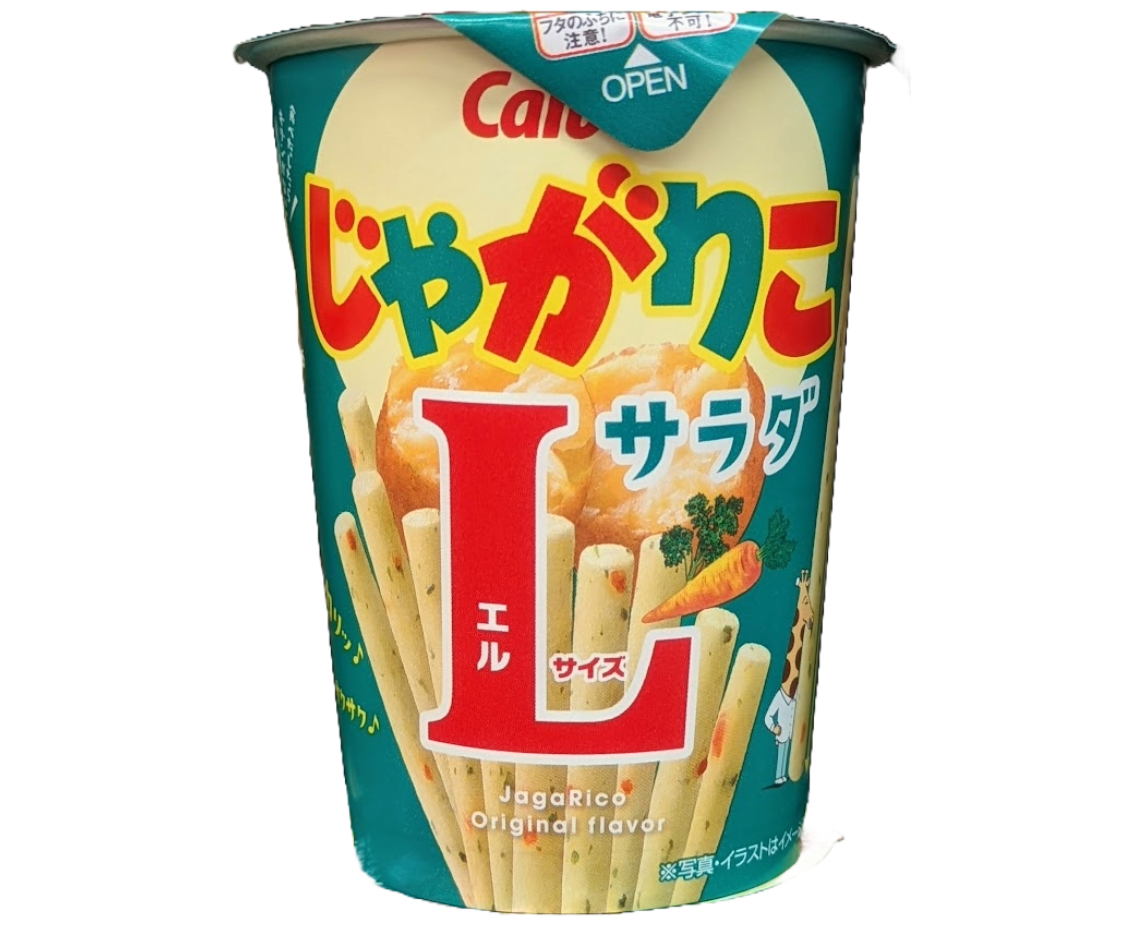 Japanese Jagariko salad snack with visible branding on a white background