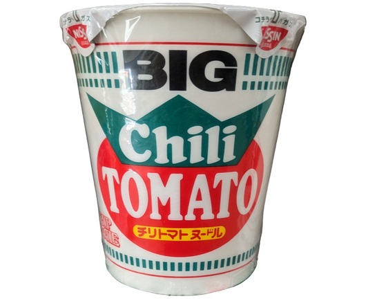 Cup of Nissin Big Chili Tomato noodle on a white background