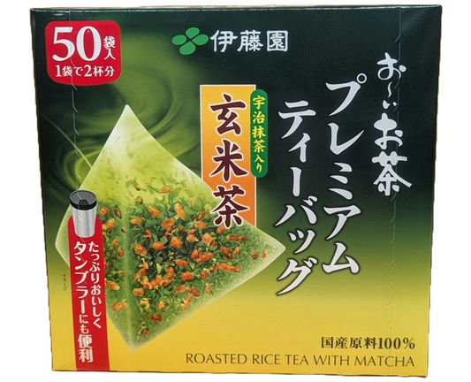 Box of Japanese roasted rice tea with matcha from Itoen, featuring green and yellow design.