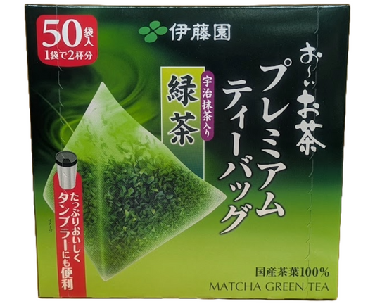 Box of Japanese Itoen green tea with green design and a tetra bag of green tea on the front 