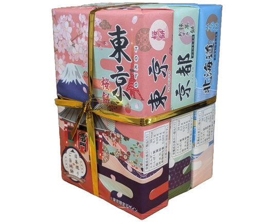 Three boxes of three different kinds of Japanese mochi