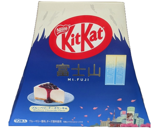 Japanese blueberry cheesecake Kit Kats with Nestle logo and in the shape of Mt. Fuji.