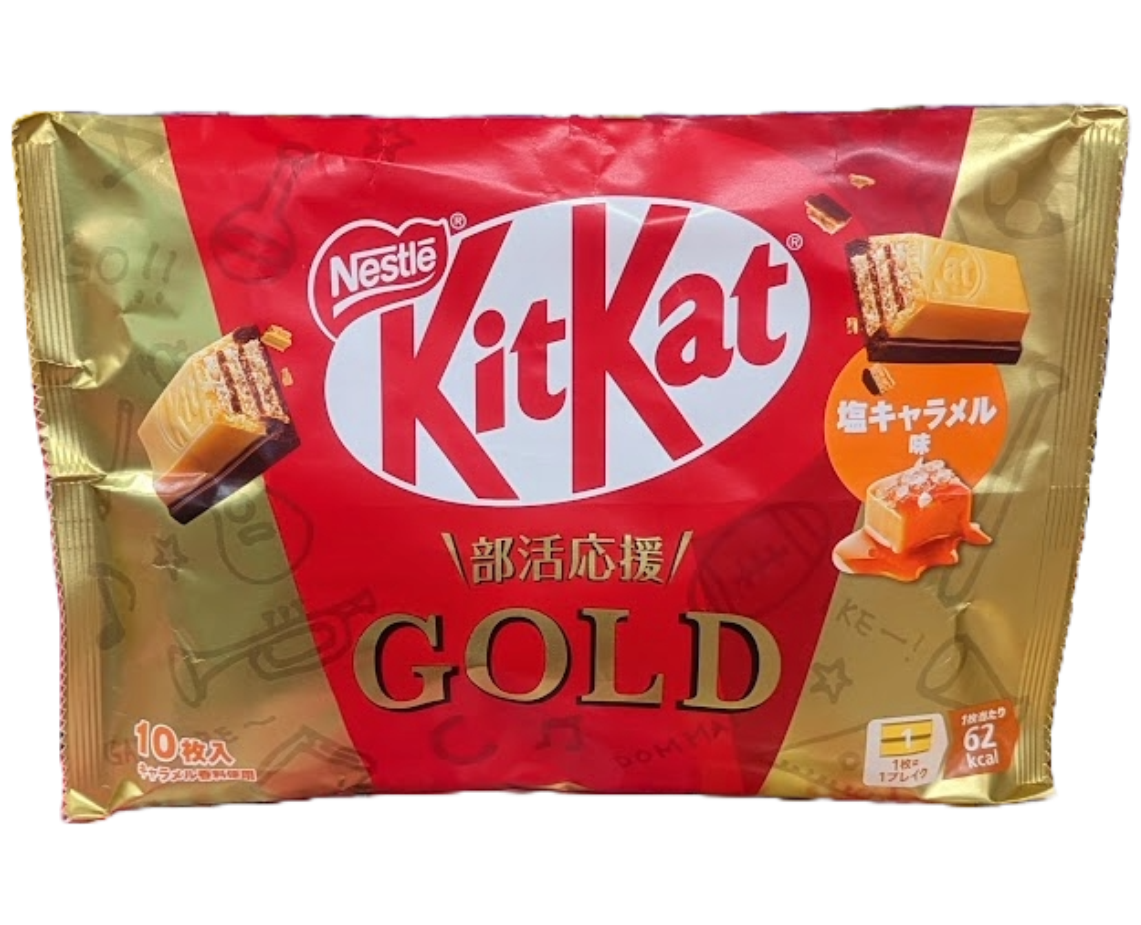 Japanese Kit Kat Gold salt caramel packaging with Nestle logo on a white background