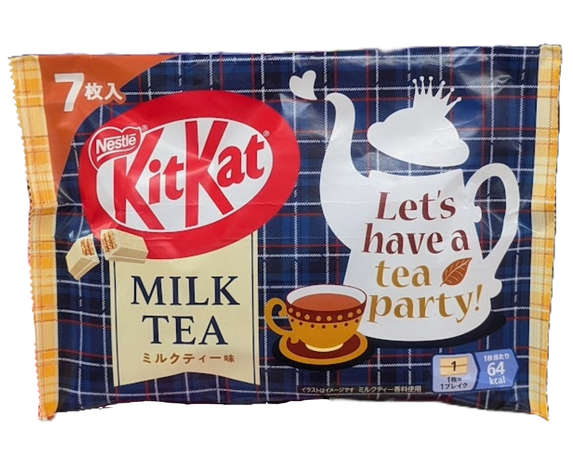 Japanese Kit Kat Milk Tea packaging with teapot illustration and text 'Let's have a tea party!' on plaid background