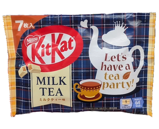 Japanese Kit Kat Milk Tea packaging with teapot illustration and text 'Let's have a tea party!' on plaid background