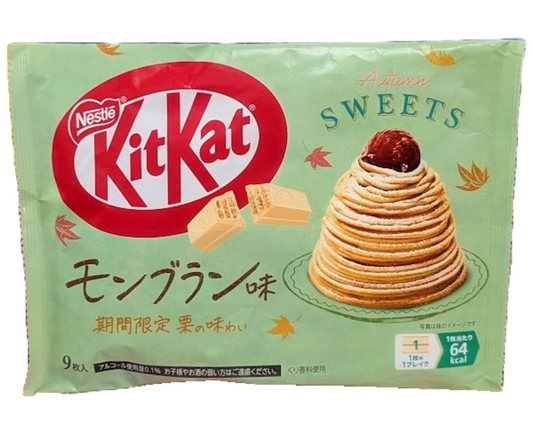 Japanese Kit Kat packaging with Nestle logo featuring a mont blanc-flavored Kit Kat on a green background.
