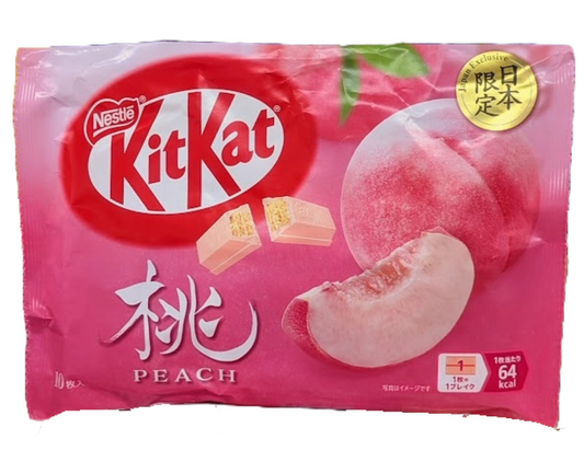 Bag of Japanese peach Kit Kats with peaches and a pink design