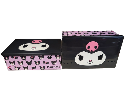 Two Kuromi-chan cookie tins with a pink and black pattern and a Kuromi-chan face design.