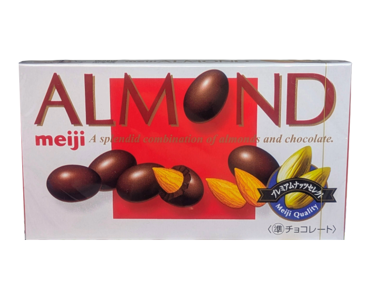Box of Japanese Meiji Almond chocolates on a white background