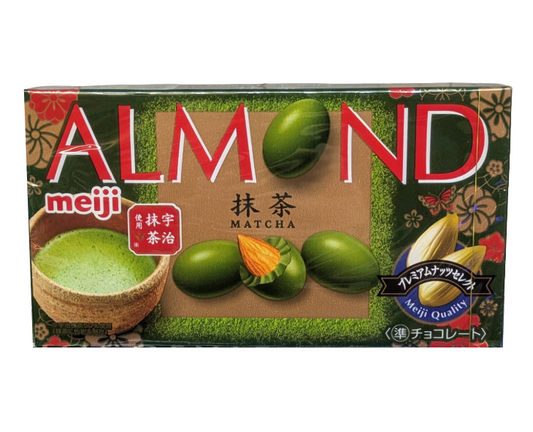 Box of Meiji Almond Matcha green tea sweets with green and red design.