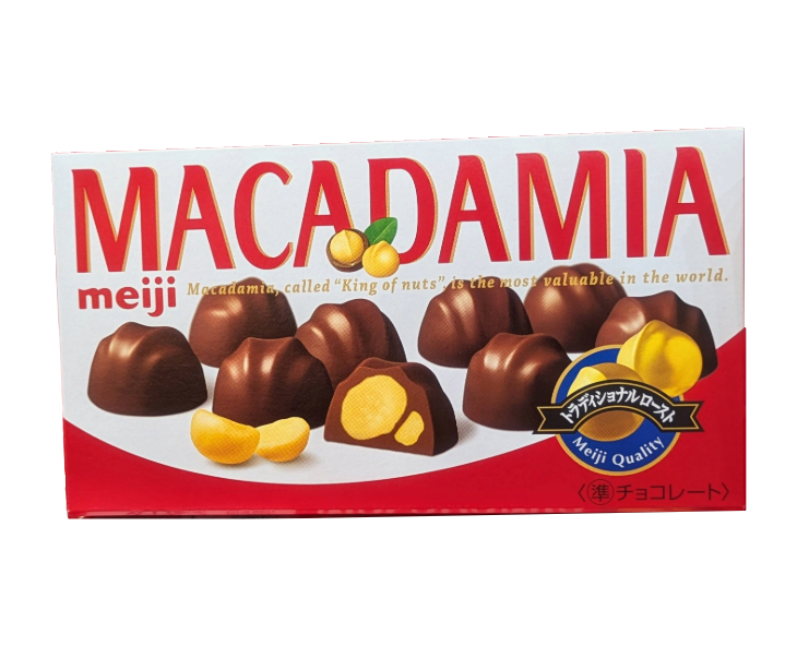 Box of Japanese Meiji Macadamia chocolate on a white background