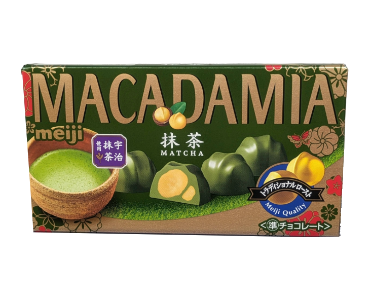 Box of Japanese Meiji Macadamia Matcha chocolate on a white background
