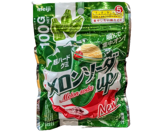 Packaged Japanese melon soda gummies with green and red design on a white background