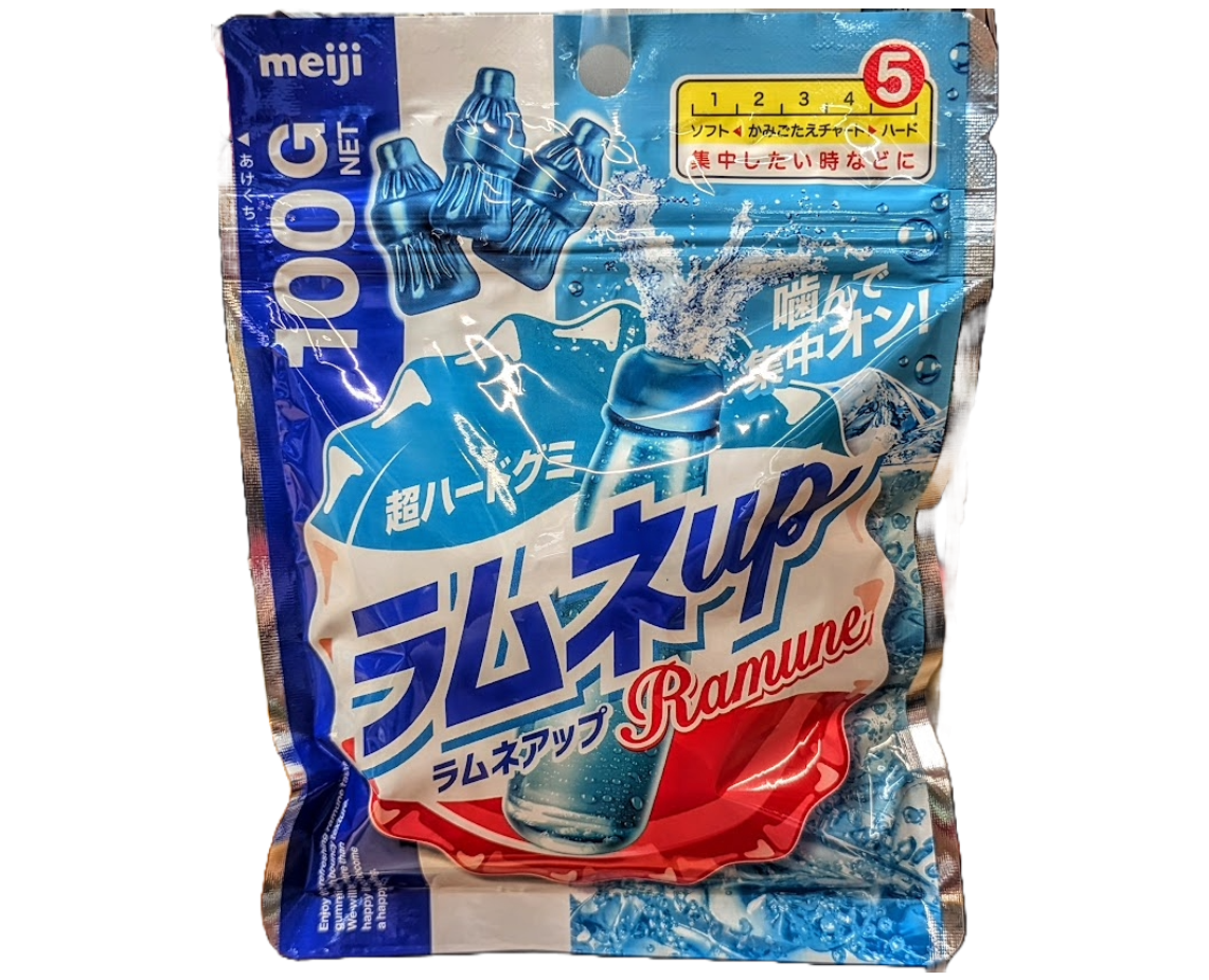 Packaged Japanese Ramune gummies with Meiji branding on a white background