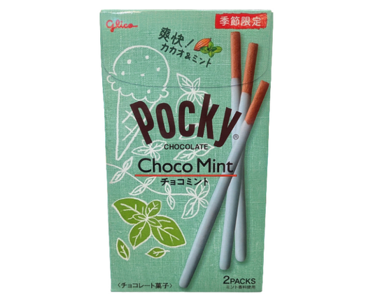 Japanese Pocky Choco Mint packaging with two sticks on a green background