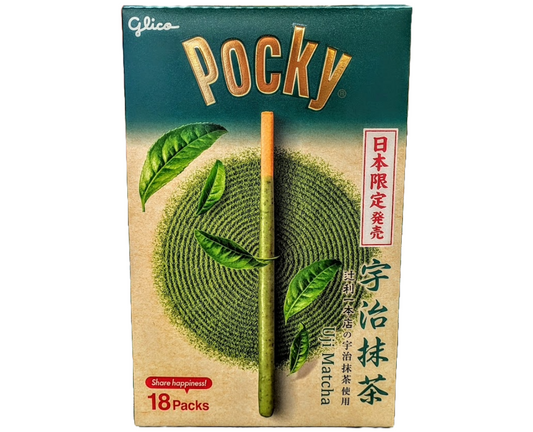 Japanese Pocky box with green tea leaves and 'Glico' branding on a white background