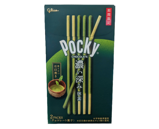 Pack of Japanese Pocky matcha chocolate sticks with green packaging