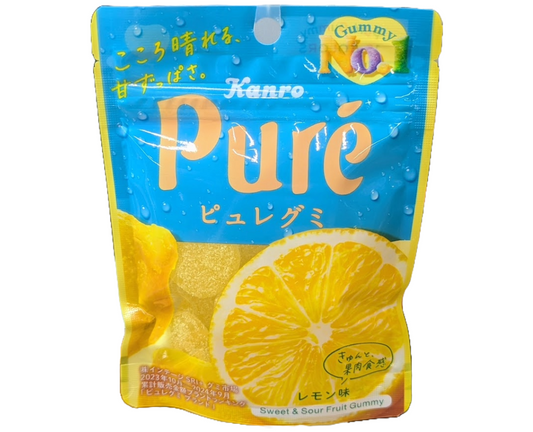 Japanese Kanro Pure lemon-flavored gummy package with blue and yellow design