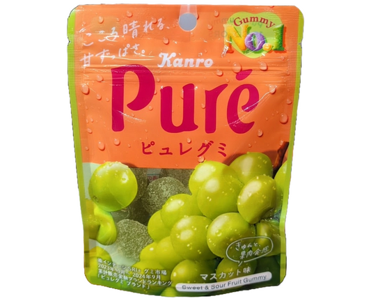 Japanese Kanro Pure gummy package with green grapes on an orange background