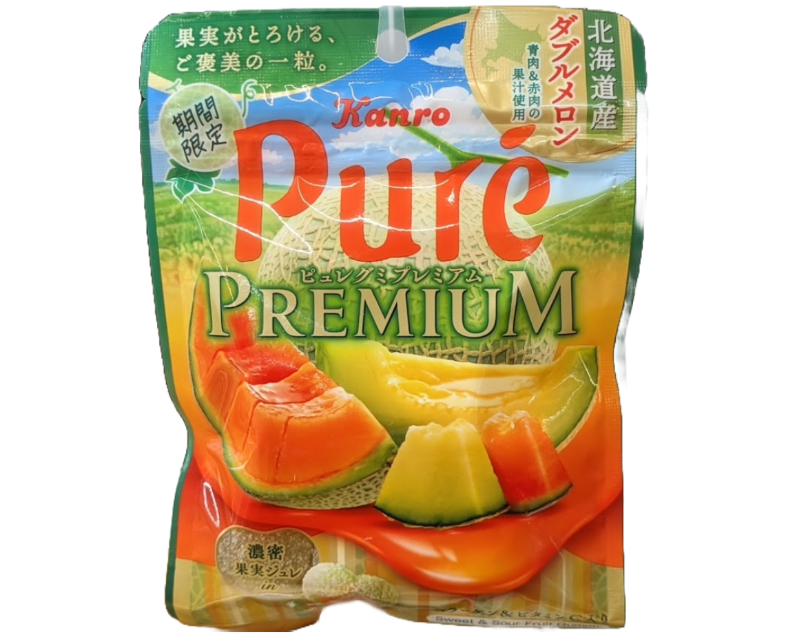 Japanese Kanro Pure Premium fruit jelly package with melon slices on a white background