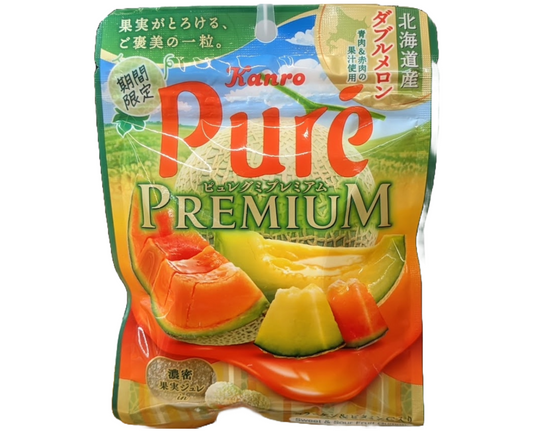 Japanese Kanro Pure Premium fruit jelly package with melon slices on a white background