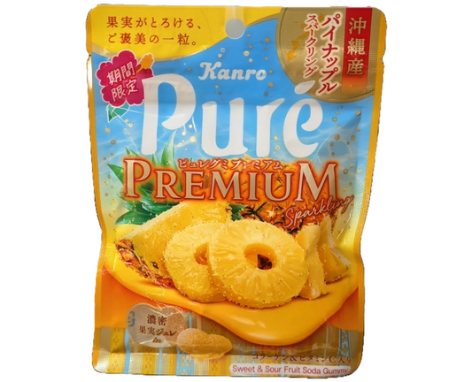 Japanese Kanro Pure Premium pineapple snack package on a white background