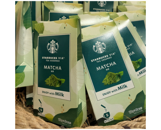 Starbucks Japan Matcha tea essence packages with green and white design.