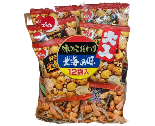 Packaged Japanese snack mix with visible brand logos on a white background