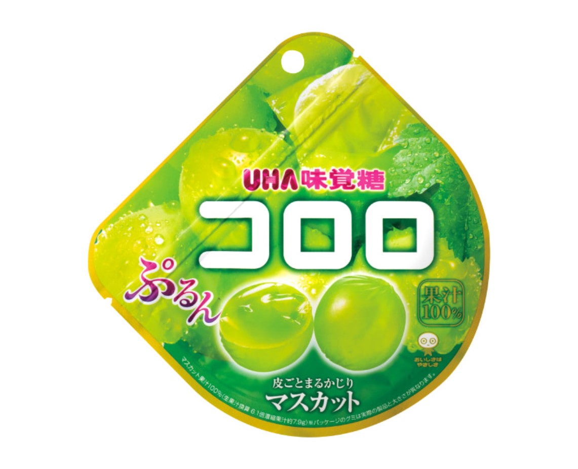 Japanese kororo muscat grape gummies that use 100% fruit juice and are like biting into a real grape!