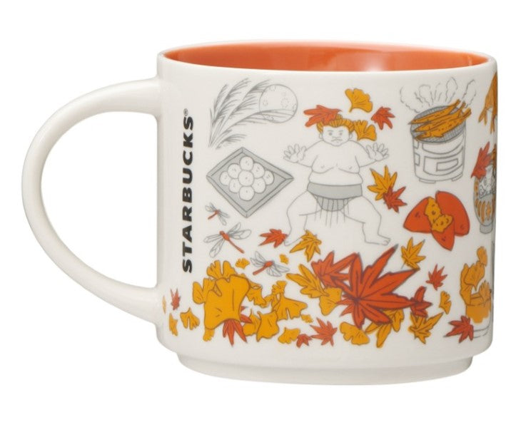 This entry in the Japan Starbucks "Been There" collection depicts autumn leaves and rice fields in the countryside. The colors are orange and yellow to express autumn in Japan. A beautiful mug to add to your Japanese memorabilia collection!