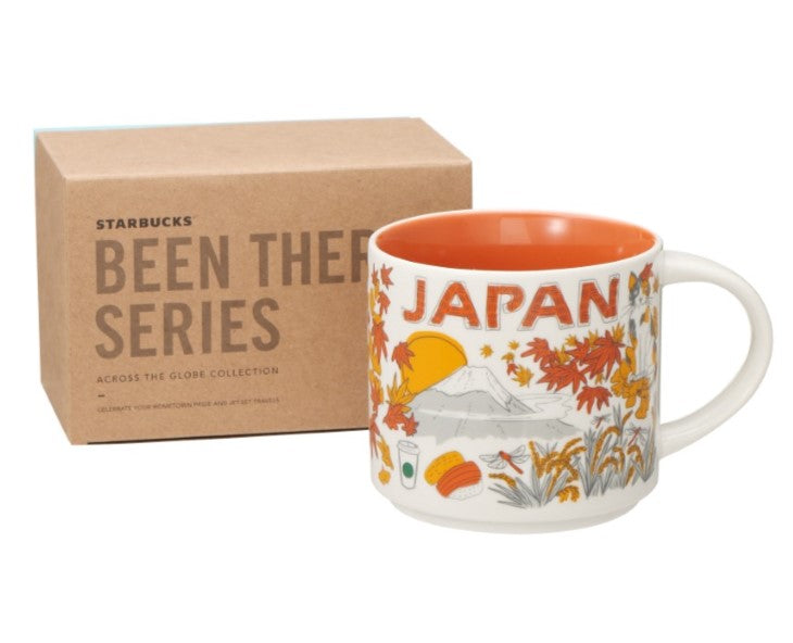 This entry in the Japan Starbucks "Been There" collection depicts autumn leaves and rice fields in the countryside. The colors are orange and yellow to express autumn in Japan. A beautiful mug to add to your Japanese memorabilia collection!