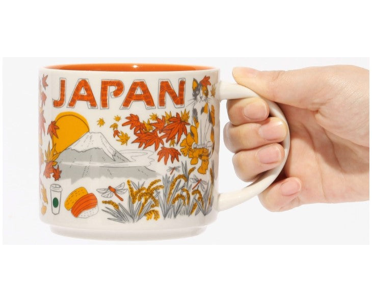 This entry in the Japan Starbucks "Been There" collection depicts autumn leaves and rice fields in the countryside. The colors are orange and yellow to express autumn in Japan. A beautiful mug to add to your Japanese memorabilia collection!