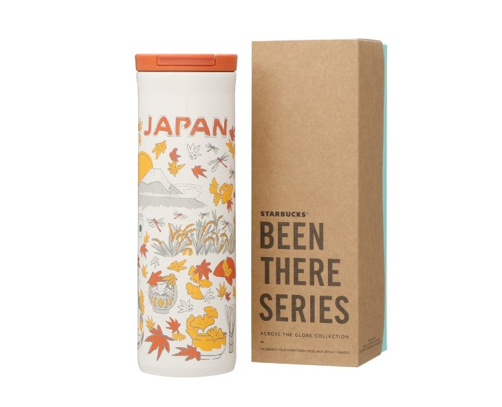 This entry in the Japan Starbucks "Been There" collection depicts autumn leaves and rice fields in the countryside. The colors are orange and yellow to express autumn in Japan. A beautiful stainless bottle to add to your Japan memorabilia collection!