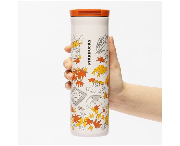 This entry in the Japan Starbucks "Been There" collection depicts autumn leaves and rice fields in the countryside. The colors are orange and yellow to express autumn in Japan. A beautiful stainless bottle to add to your Japan memorabilia collection!